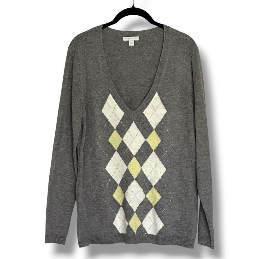 New York & Company Argyle Sweater Gray Yellow Large